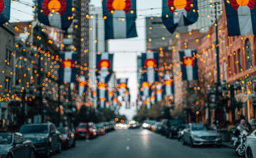 Denver street with hung up lights